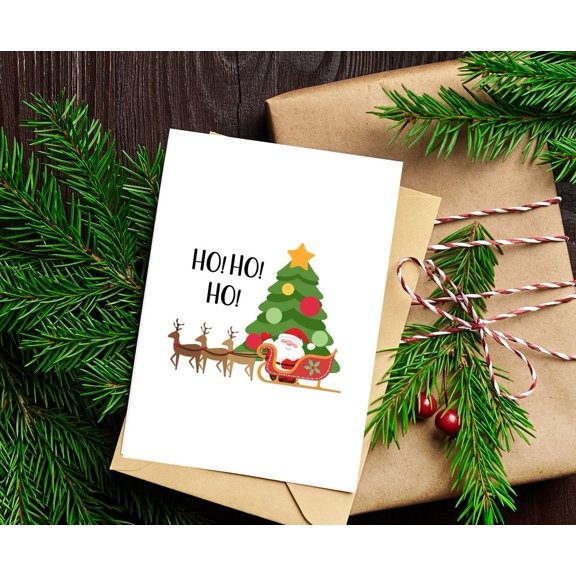 Christmas Greeting Card - "Ho! Ho! Ho!" Santa Sleigh Design - Blank Inside with Envelope - Perfect for Holiday Wishes and Cheer