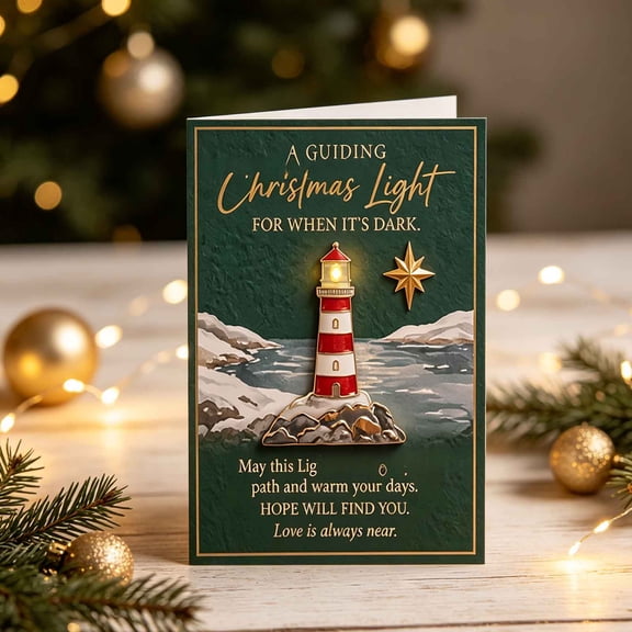 Christmas Greeting Card Sea Glass Style Lighthouse,Holiday Guiding Light Card with Winter Ocean Print for Keepsake