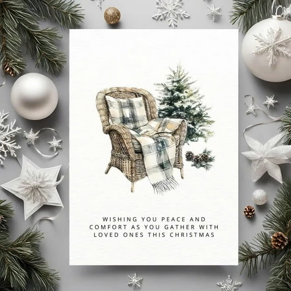 Christmas Greeting Card - "Wishing You Peace and Comfort" - Cozy Armchair & Tree Design - Perfect for Family and Friends - Blank Inside - Envelope Included