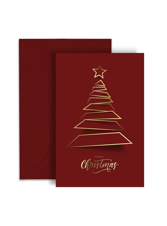 Christmas Greeting Cards with Gold Foiling Xmas Tree | 20 Cards - Dark Red Self Paper with Red Envelope | 6.75 x 4.5 Inch Merry Christmas Cards with Seal Stickers For Friends , Family and loved Ones…