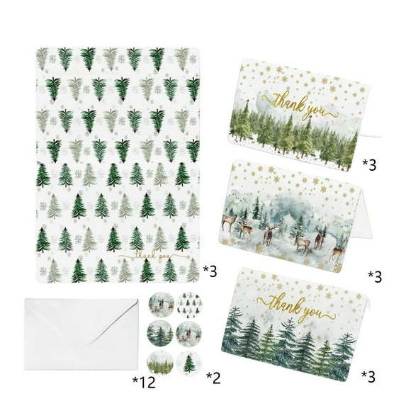 Christmas Greeting Cards, Holiday Cards Set, Snowflake Deer Forest Theme Folded Cards with Envelopes and Stickers, Multicolor Paper Material, 12 Pack, Smooth Writing Surface, Festive Design