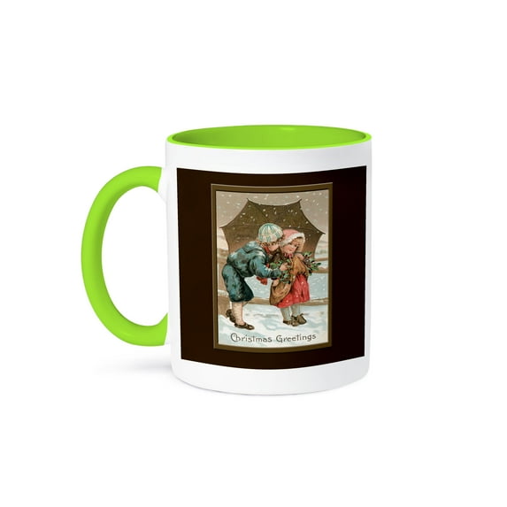 3dRose, Christmas Greeting Little Boy Kissing a Little Girl in a Winter Scene on Warm Brown Background, 11oz Two-Tone Green Mug
