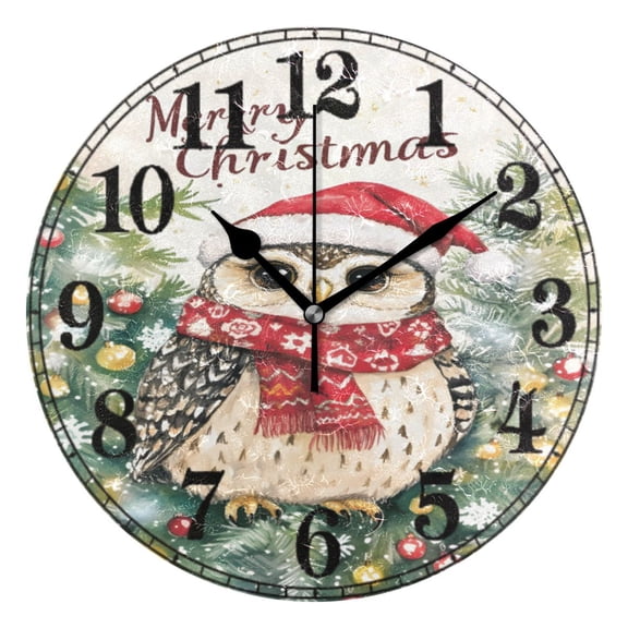 Christmas Greeting Owl Silent Wall Clock 10" Non-Ticking Battery Clock