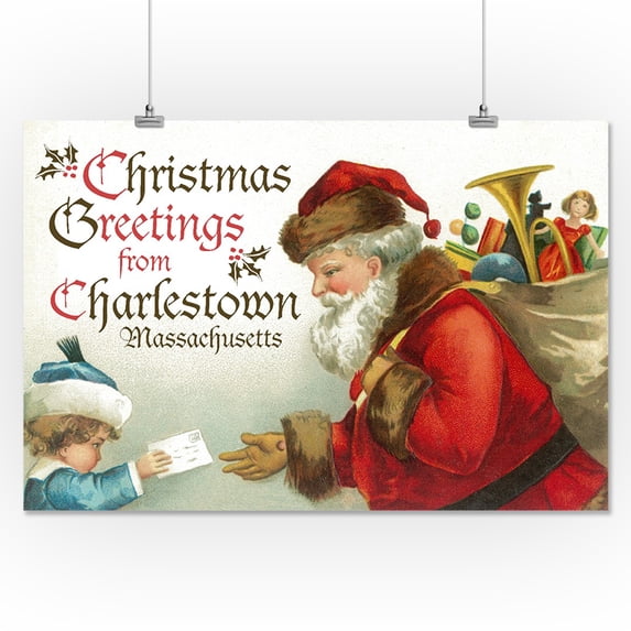 Christmas Greetings from Charlestown, Massachusetts - Santa Getting Letter - Lantern Press Artwork (16x24 Giclee Gallery Print, Wall Decor Travel Poster)