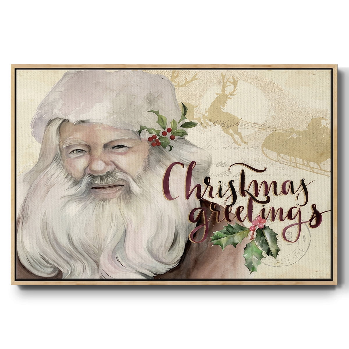 Christmas Greetings Collection A - Framed Gallery Wrapped Holiday Canvas - 17 x 25 - Natural Wood Frame