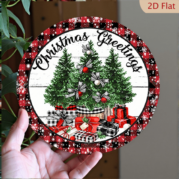 Christmas Greetings Round Aluminum Wall Art, Festive Pine Tree and Buffalo Plaid Decorative Metal Sign, 8 x 8 Inch Holiday Hanging Plaque for Home Decor