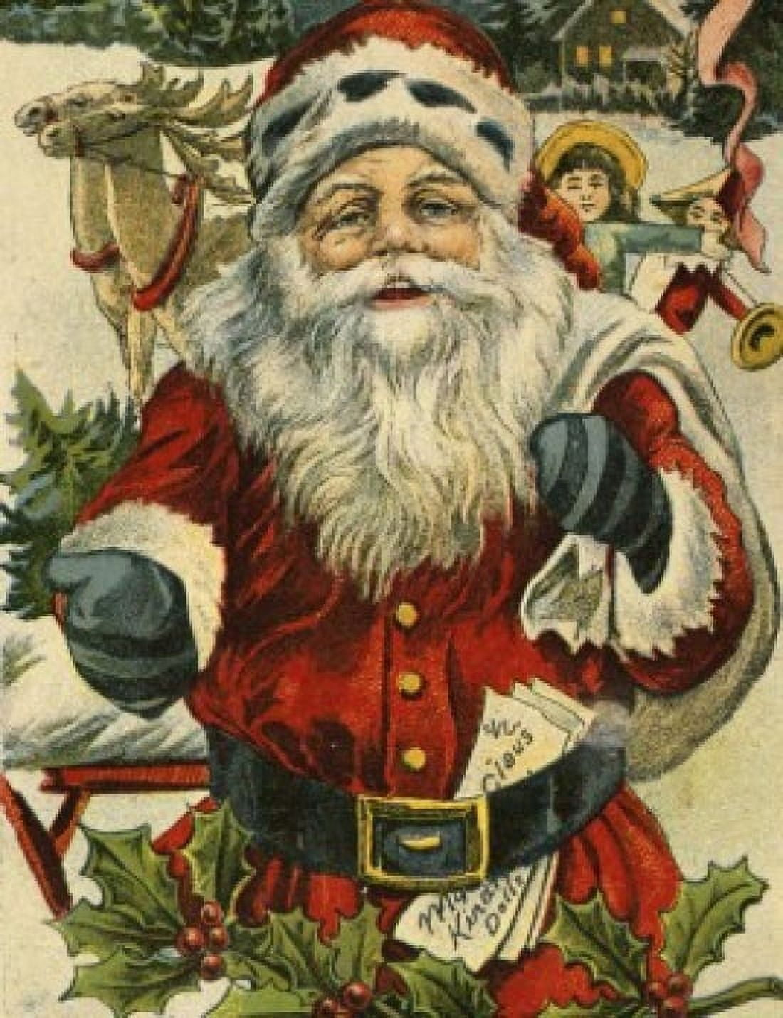 Christmas Greetings  Santa With Reindeer Nostalgia cards Canvas Art -  (18 x 24)
