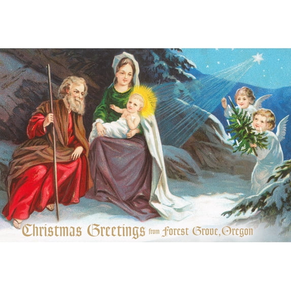 Christmas Greetings from Forest Grove, Oregon, Nativity Scene in Snow with Angels (9x12 Wall Art Print, Home Decor)