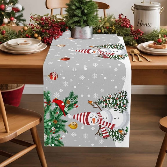 Christmas Grey Cotton Linen Table Extra Long Runner 13 x 120 inch Xmas Snowman Birds on Pine Branch Snowflake Non-slip Rectangular Dining Table Decor for Wedding Party Holiday Dinner