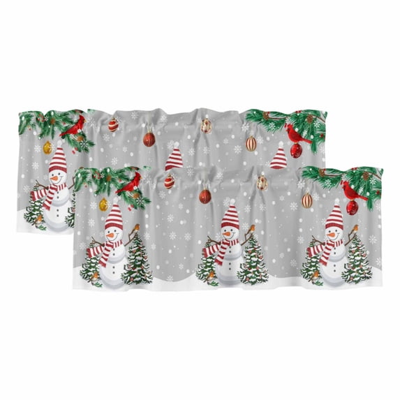 Christmas Grey Curtain Valances for Windows, Kitchen Valance Window Treatments Panel 2 Pack, Xmas Snowman Birds on Pine Branch Snowflake Rod Pocket Short Curtains for Bathroom Bedroom 60 x 18 Inch