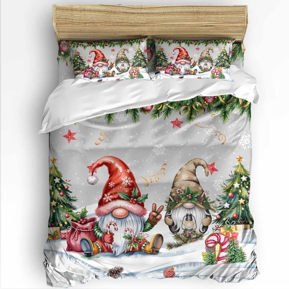 Christmas Grey Gnomes Twin Size Comforter Set, Xmas Tree Snowflake Pine Needle Soft Bedding for All Seasons, 4 Pcs Bed Set with 1 Comforter (68"x86") ,1Sheet(66"x116"), 2 Pillowcases (19"x29")