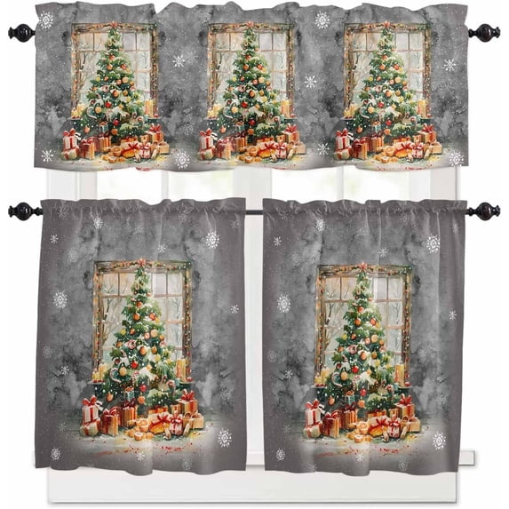Christmas Grey Kitchen Curtains and Valances Set, Rod Pocket Curtains Tier Farmhouse Window Curtains 24 Inch Length, Winter Pine Tree Snowflake Ball 3 Piece Kitchen Curtains Set