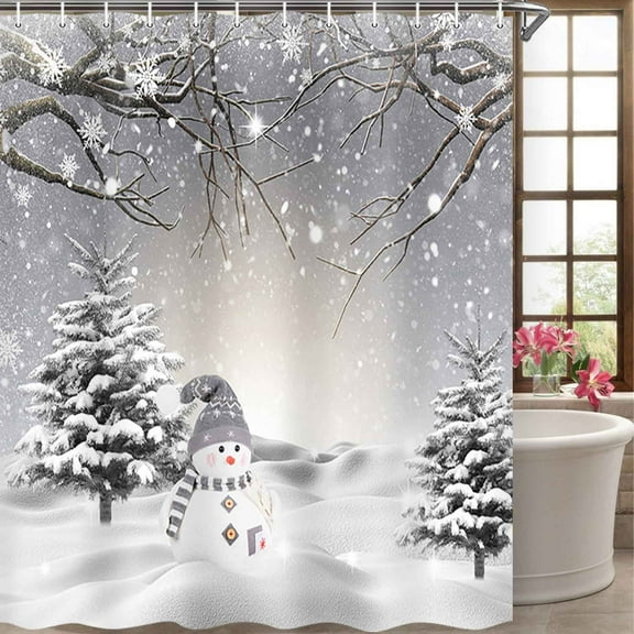 Christmas Grey Shower Curtains Winter Snowman Snowflake Snow Forest Trees Decor Fabric Bathroom Curtains Set With Hooks 69 X 70 Inches