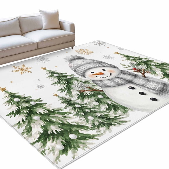 Christmas Grey Snowman Area Rug 2.7'x5', Winter Green Pine Tree Gold ...