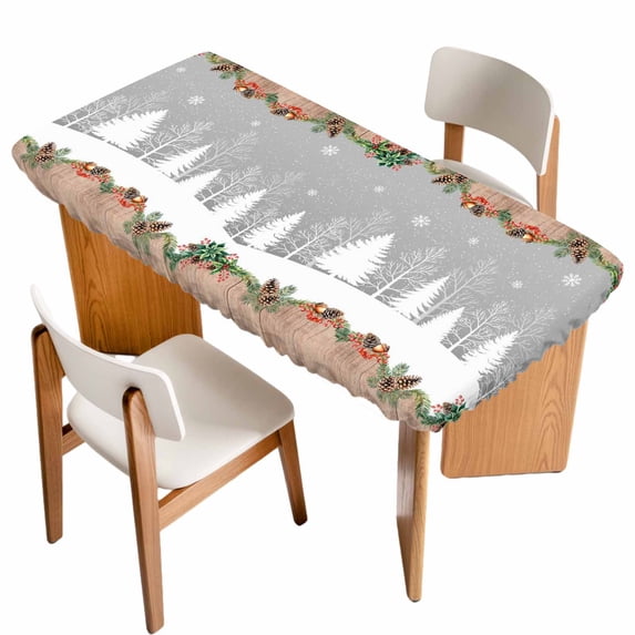 Christmas Grey Table Cloths for 5 Foot Rectangle Tables, White Xmas Tree Forest Poinsettia Rustic Wooden Patio Waterproof Elastic Fitted Tablecloths, Washable Rectangular Table Cover for Camping