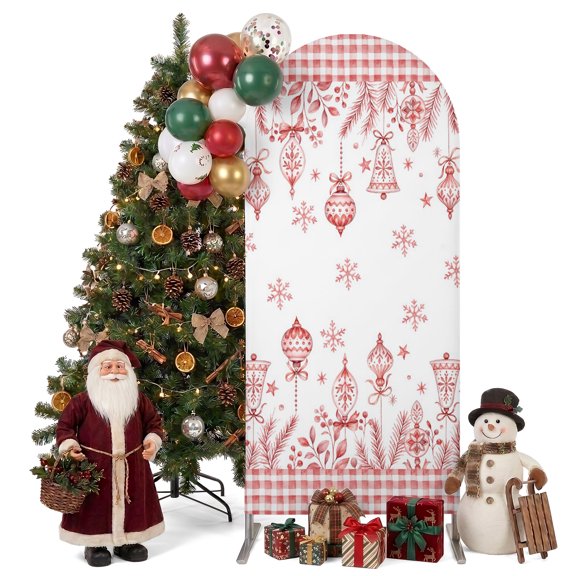 Christmas Grid Arch Backdrop Cover 4FT, Blue Gingham Check Snowflake Pine Tree Pink Spandex Fitted Stretchy Arch Stand Covers, Round Top Chiara Backdrop Cover for Wedding Party Birthday Baby Shower