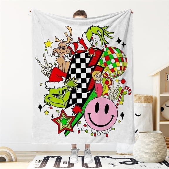 Christmas Grin Blanket, Xmas Funny Green Character Movie Watching Throw Blanket, Christmas Gift
