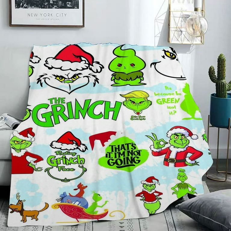 Christmas Grinch Blanket Flannel Warm Blanket Cozy Blanket for Adults Teens Microfiber Plush Throw Blanket for Couch Bed Sofa