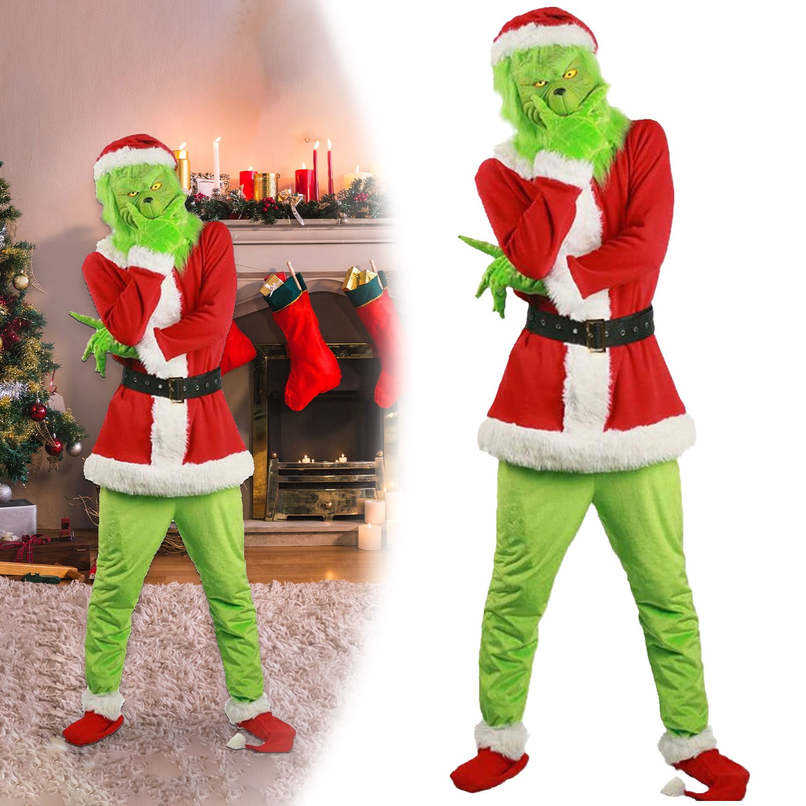 Christmas Grinch Costume for Men Santa Suit Adult Deluxe Furry Green ...