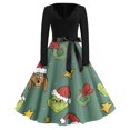 Christmas Grinch Dress Green Women Christmas Dress Vintage Swing Dress Long Sleeve Print Holiday