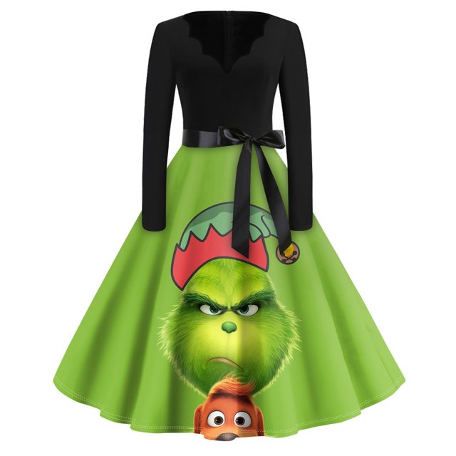 Christmas Grinch Dress Green Women Vintage Christmas Dress Long Sleeve