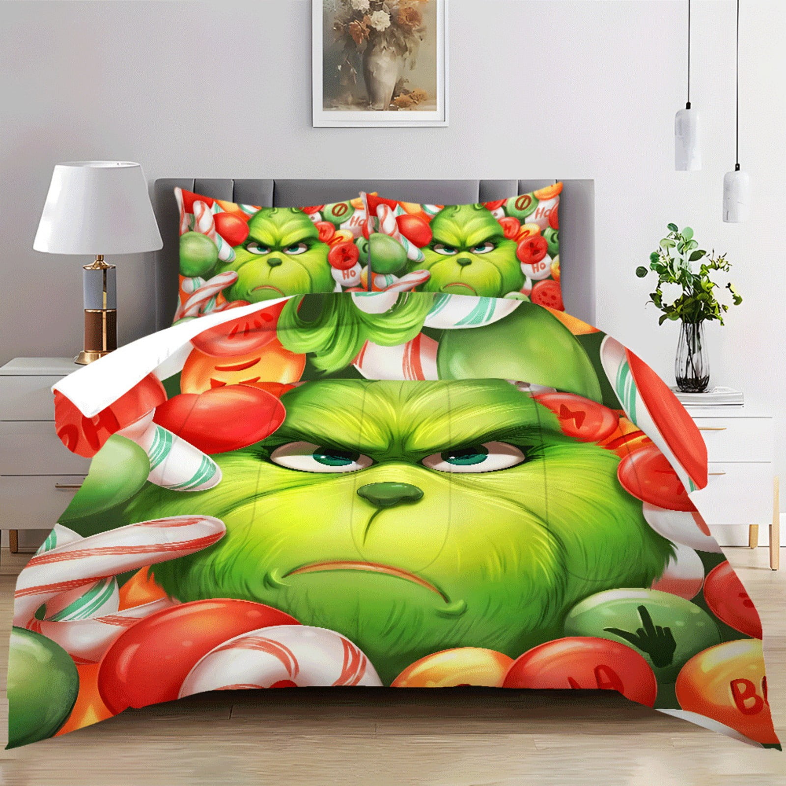 Christmas Grinch Duvet Cover Set Queen Size Soft Holiday Decor, Merry Christmas Bedding Set
