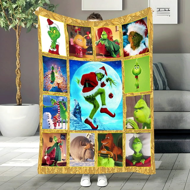 Christmas Grinch Fleece Blankets, 40"×30" Funny Face Bed-Throw Grinchy