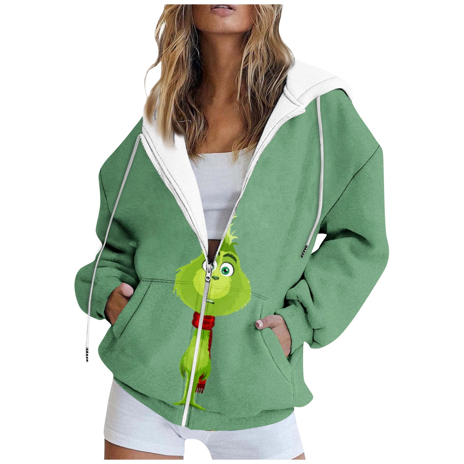 Christmas Grinch Hoodie Jacket Womens Zip Up Hoodies Grinch Outfit Long