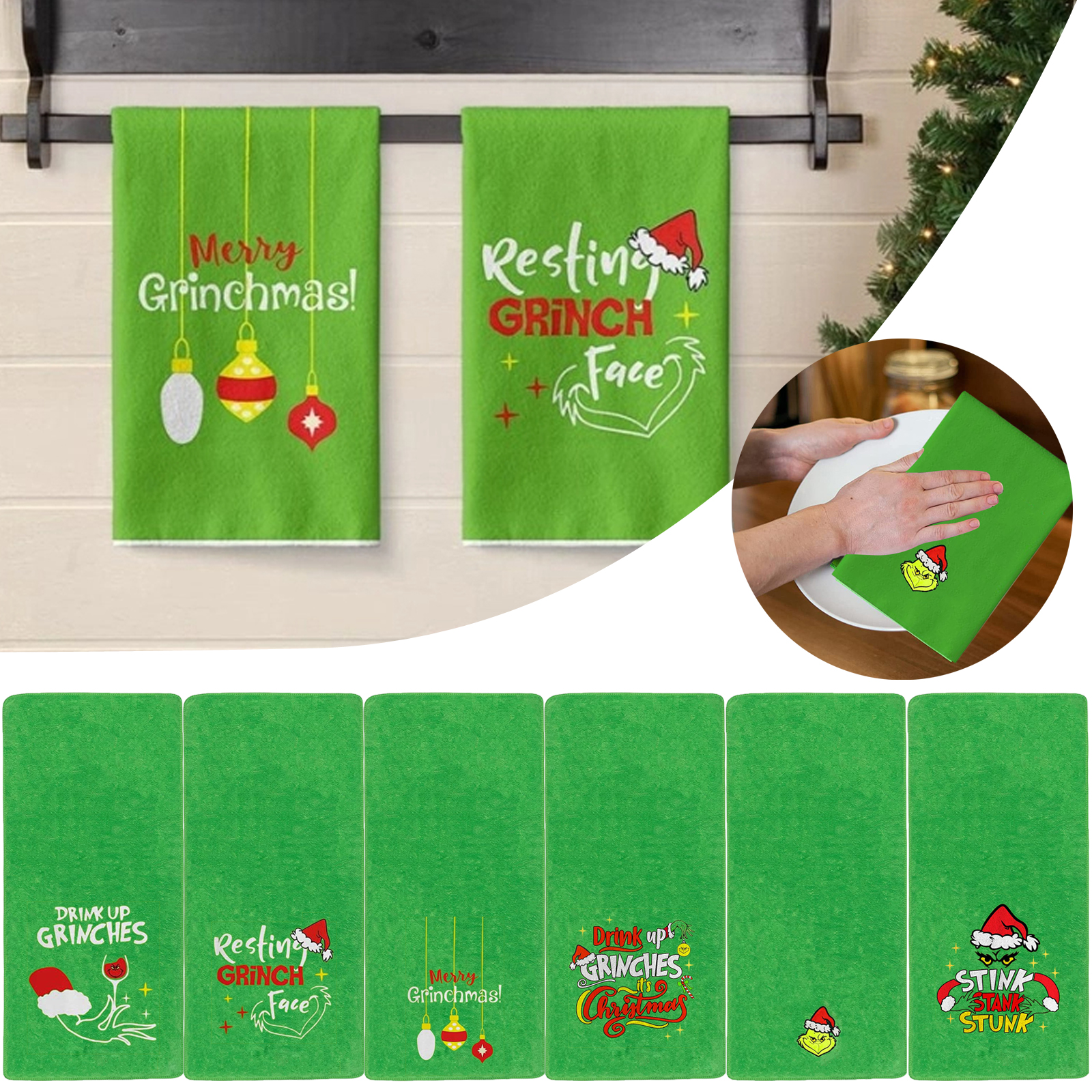 Christmas Grinch Kitchen Towel, Green Merry Christmas Towel for Home
