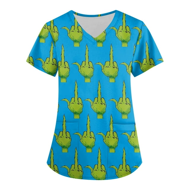 Christmas Grinch Shirts for Women Scrubs Tops Plus Size Working Uniform with Pockets Short Sleeve V-neck Nursing Uniform Printed Blouse