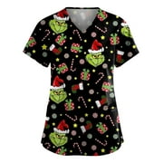 KYGABAK Christmas Grinch Shirts for Women Scrubs Tops Plus Size Working Uniform with Pockets Short Sleeve V-neck Nursing Uniform Printed Blouse