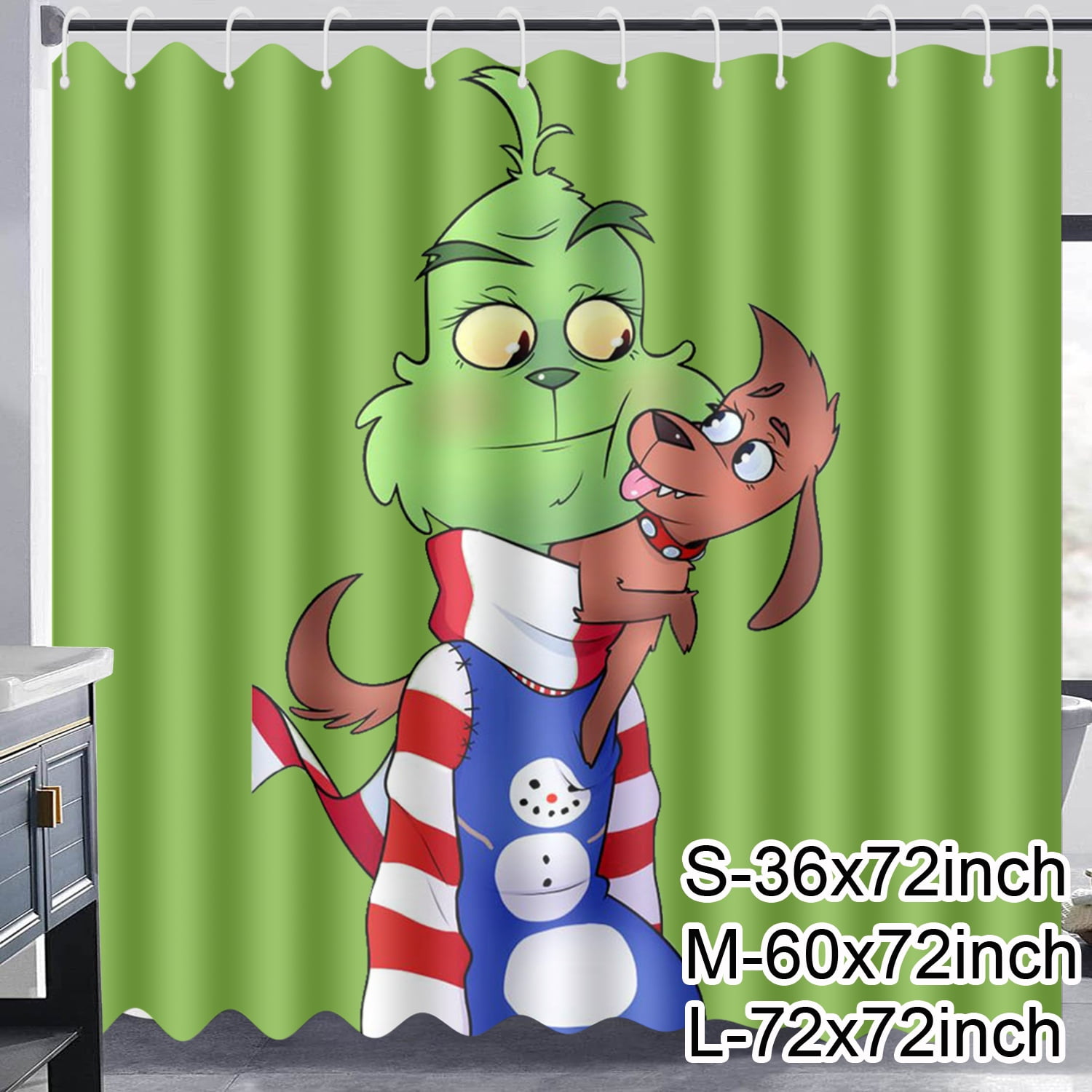 Christmas Grinch Shower Curtain with 12 Hooks, Fabric Shower Curtain