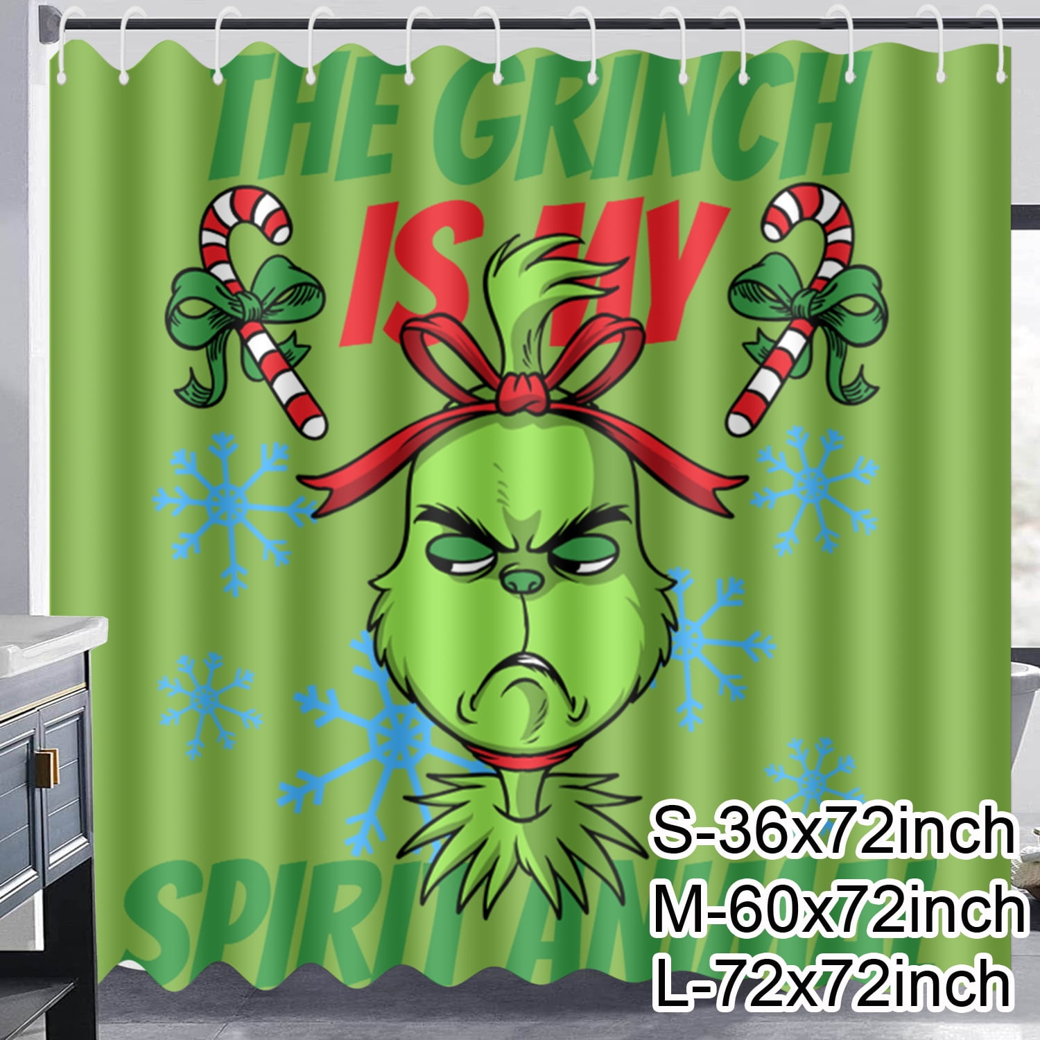 Christmas Grinch Shower Curtain, Cloth Fabric Bathroom Decor Set with