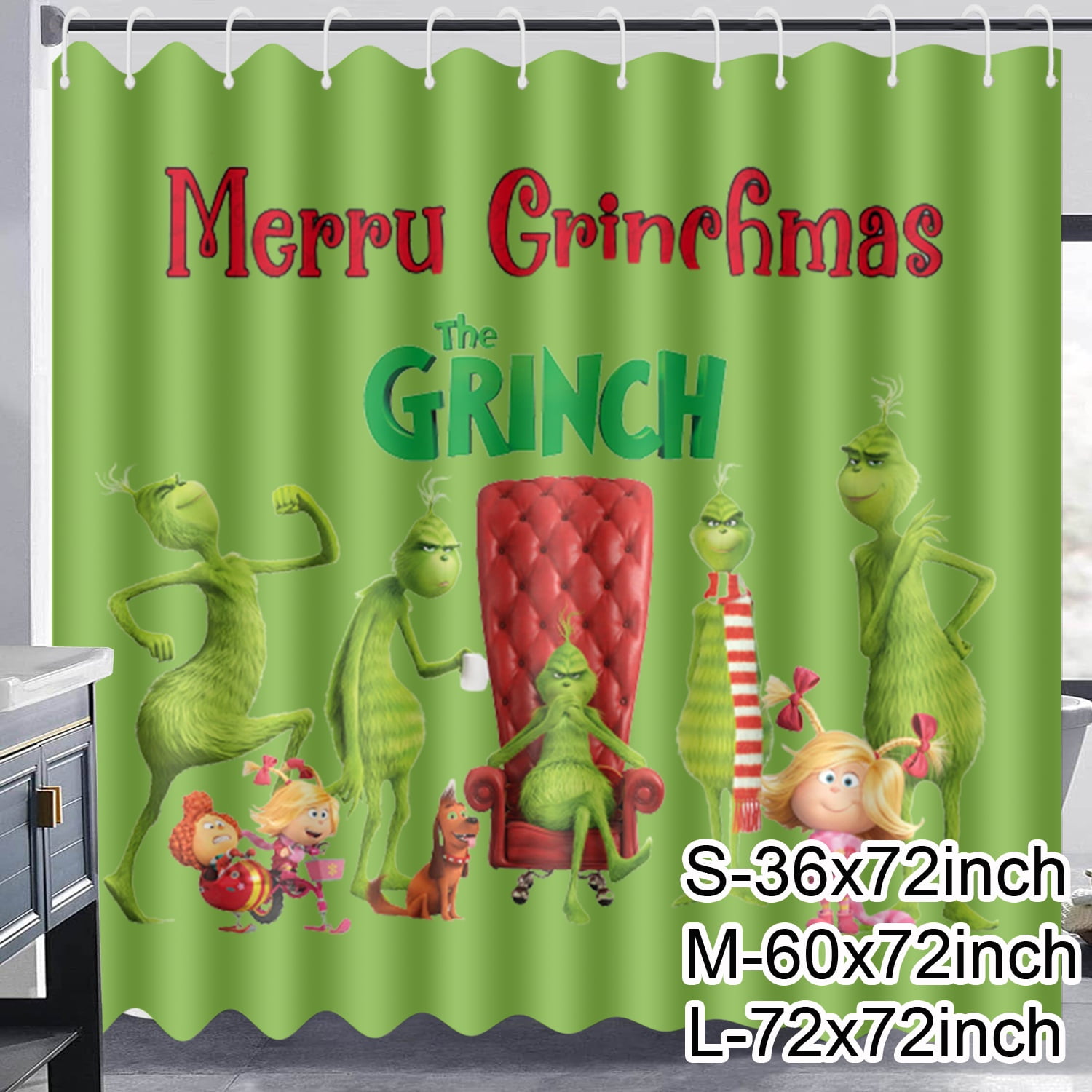 Christmas Grinch Shower Curtain, Cloth Fabric Bathroom Decor Set with
