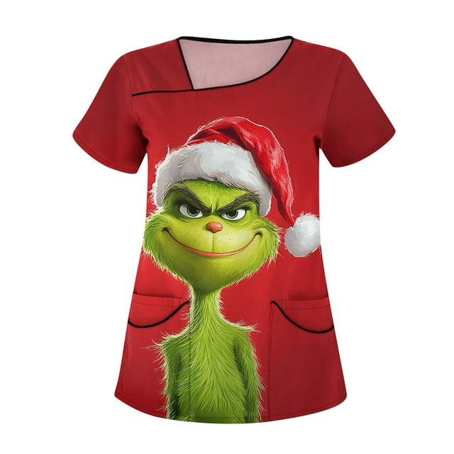 Christmas Grinch Top Grinchmas Green Women Christmas Print Scrub Top