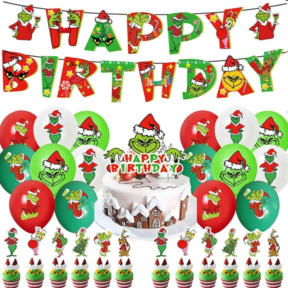 Christmas Grinchs Birthday Party Decorations Set with Banner Cake Topper Balloons and Cupcake Toppers, 16 Flags 8 Flower Arrangements 1 Large Decoration 12 Small Decorations, Diy