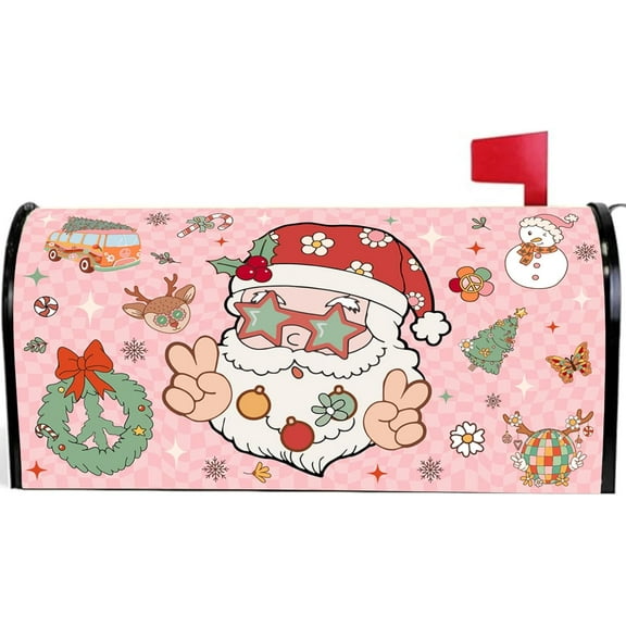 Christmas Groovy Mailbox Cover Magnetic, Retro Hippie Xmas Mailbox Wraps Post Letter Box Cover for Home School Yard Garden, Winter Holiday Outdoor Decor Supplies Standard Size 21x18 Inches