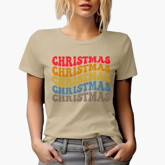 Christmas, Groovy Retro Wavy Text Merch Gift, Tan T-Shirt, 2XL