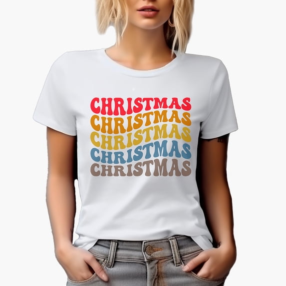 Christmas, Groovy Retro Wavy Text Merch Gift, White T-Shirt, Medium