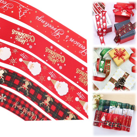 Christmas Grosgrain Ribbon,35.8 Inch Ribbon 5 Rolls Totally 5 Yards Holiday Red White and Green Metallic Glitter Fabric Ribbon Set with Merry Christmas Patterns Perfect for Gift Wrapping,Craft(#006)