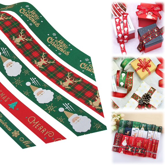 Christmas Grosgrain Ribbon,35.8 Inch Ribbon 5 Rolls Totally 5 Yards Holiday Red White and Green Metallic Glitter Fabric Ribbon Set with Merry Christmas Patterns Perfect for Gift Wrapping,Craft(#003)