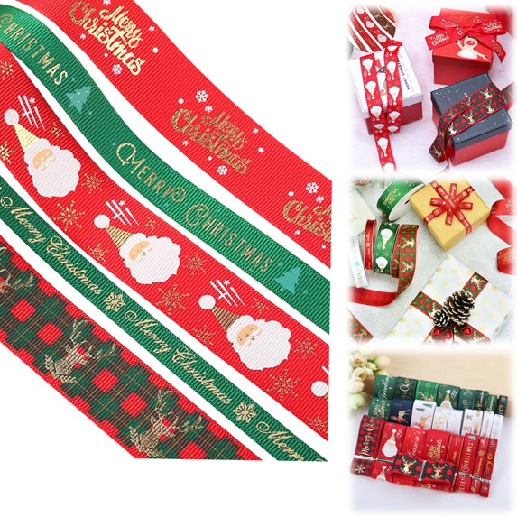 Christmas Grosgrain Ribbon,35.8 Inch Ribbon 5 Rolls Totally 5 Yards Holiday Red White and Green Metallic Glitter Fabric Ribbon Set with Merry Christmas Patterns Perfect for Gift Wrapping,Craft(#004)