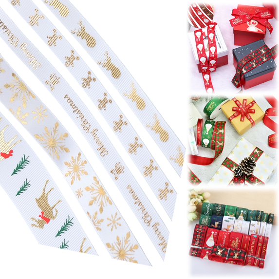 Christmas Grosgrain Ribbon,35.8 Inch Ribbon 5 Rolls Totally 5 Yards Holiday Red White and Green Metallic Glitter Fabric Ribbon Set with Merry Christmas Patterns Perfect for Gift Wrapping,Craft(#001)