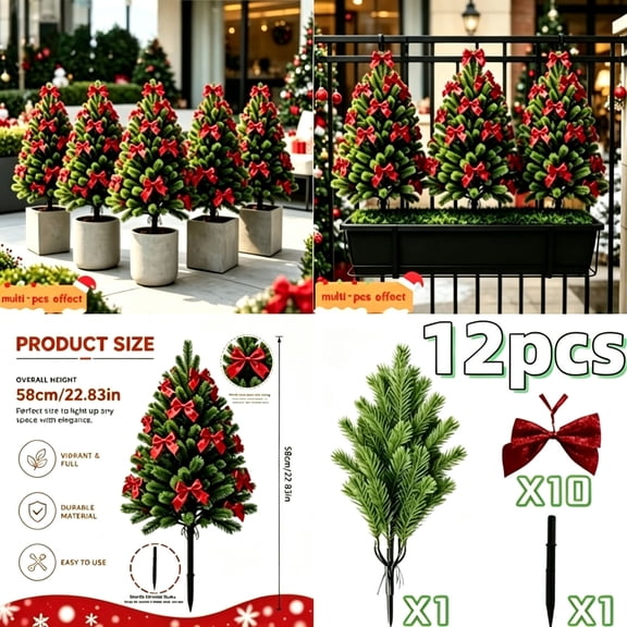 Christmas Ground Stake Artificial Branch Mini Christmas Tree with Red Bow, Outdoor Courtyard Garden Flower Bed Front Yard Holiday Decoration for Christmas Home Festive Display