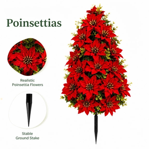 Christmas Ground Stake Ornament Artificial Poinsettia and Pine Needle Figurine Decorative Accent for Outdoor Garden Yard Lawn Patio Walkway