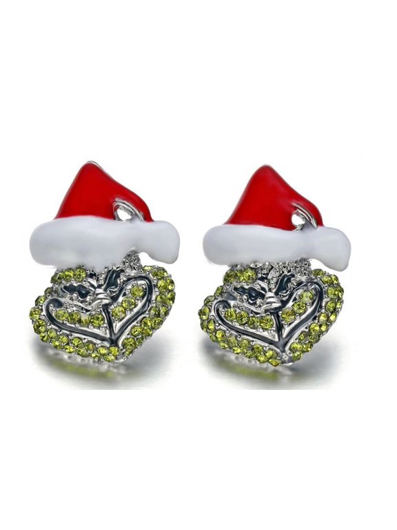 Christmas Grumpy Green Villain character 1" Tall Metal Enamel Stud Earrings
