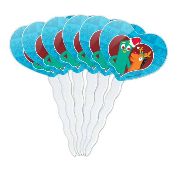 Christmas Gumby And Pokey In Heart With Santa Hat and Red Nose Heart Love Cupcake Picks Toppers Decoration Set of 6