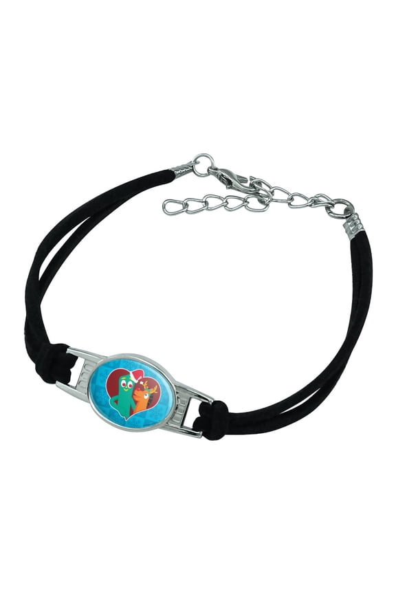 Christmas Gumby And Pokey In Heart With Santa Hat and Red Nose Novelty Suede Leather Metal Bracelet
