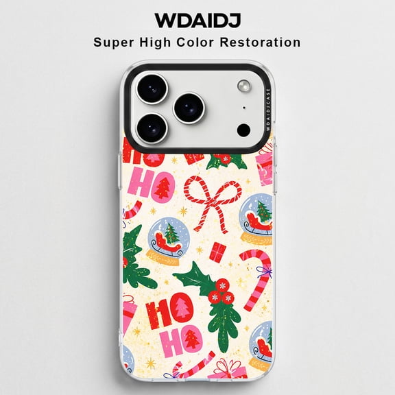 Christmas HO HO HO Phone Case for iPhone 12/13/14/15/16/17/Pro/Pro Max, Cute Snow Globe Candy Cane Pattern Holiday Protective Cover