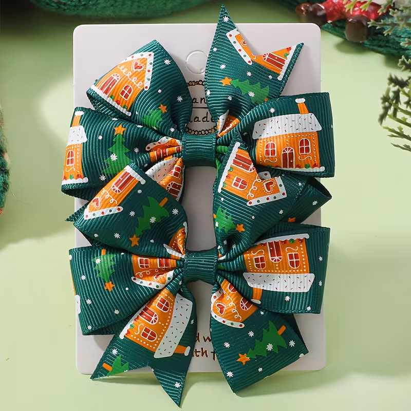 Christmas Hair Bows, 2 Pack Santa Claus and Snowflake Ribbon Clips for Holiday Parties & Decorations